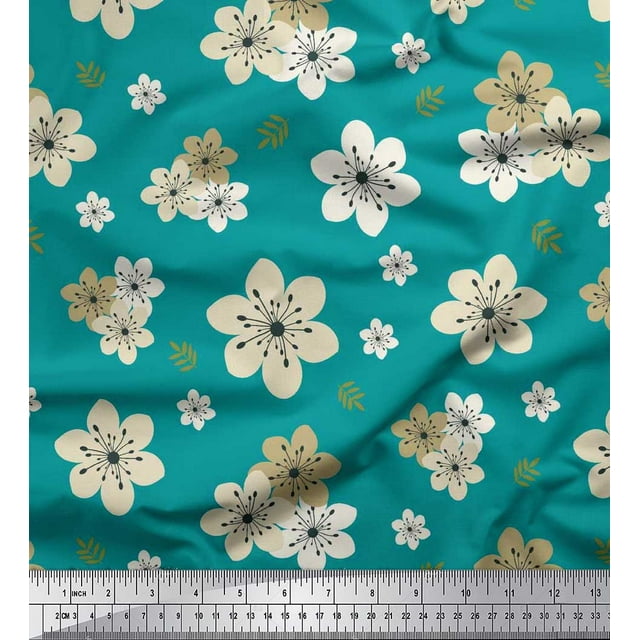 Soimoi Green Rayon Fabric Leaves & Flower Floral Print Sewing Fabric Yard 56 Inch Wide