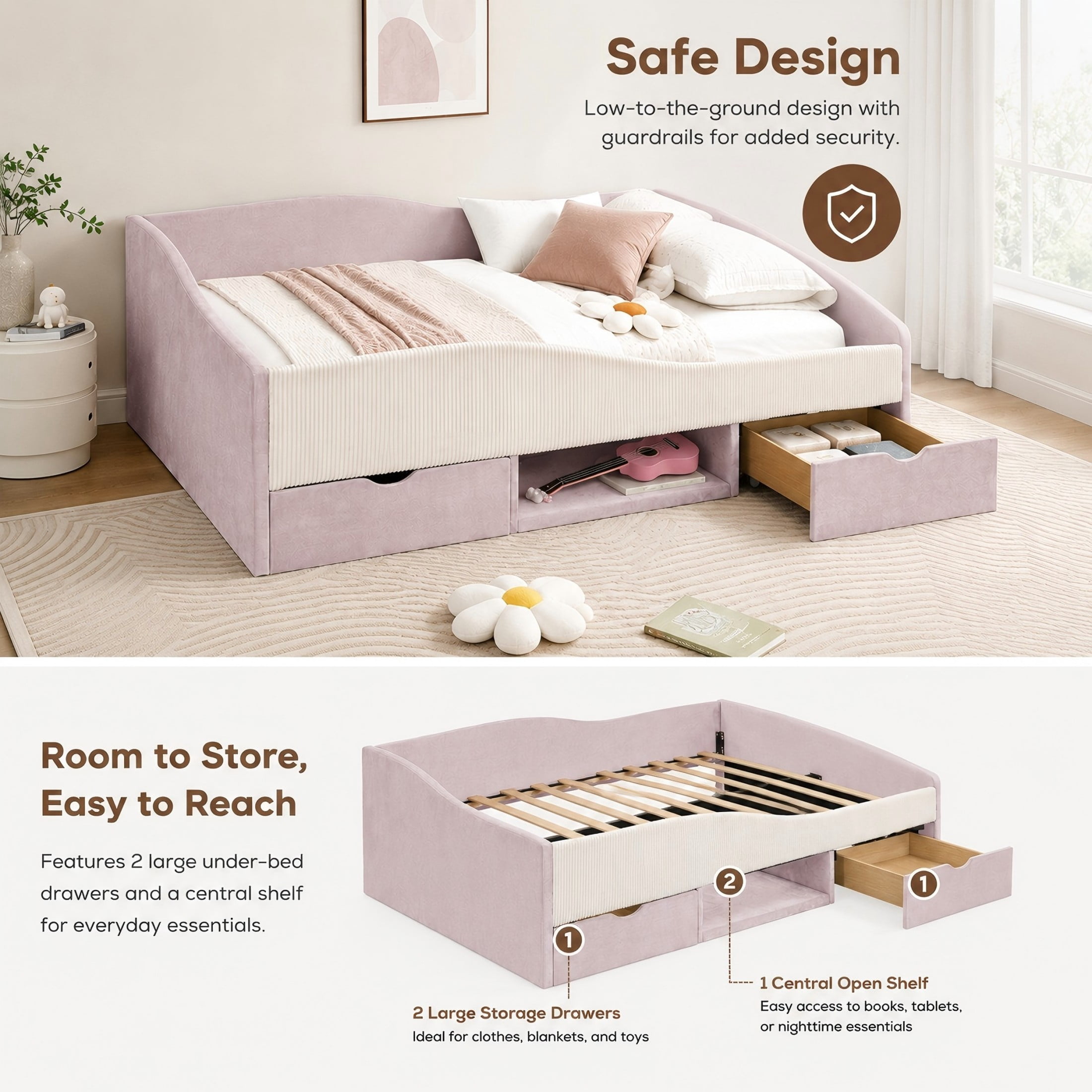 Aukfa Full Size Upholstered Daybed with 2 Storage Drawers, Shelf and Curved Guardrails, Velvet Bed Frame, Pink