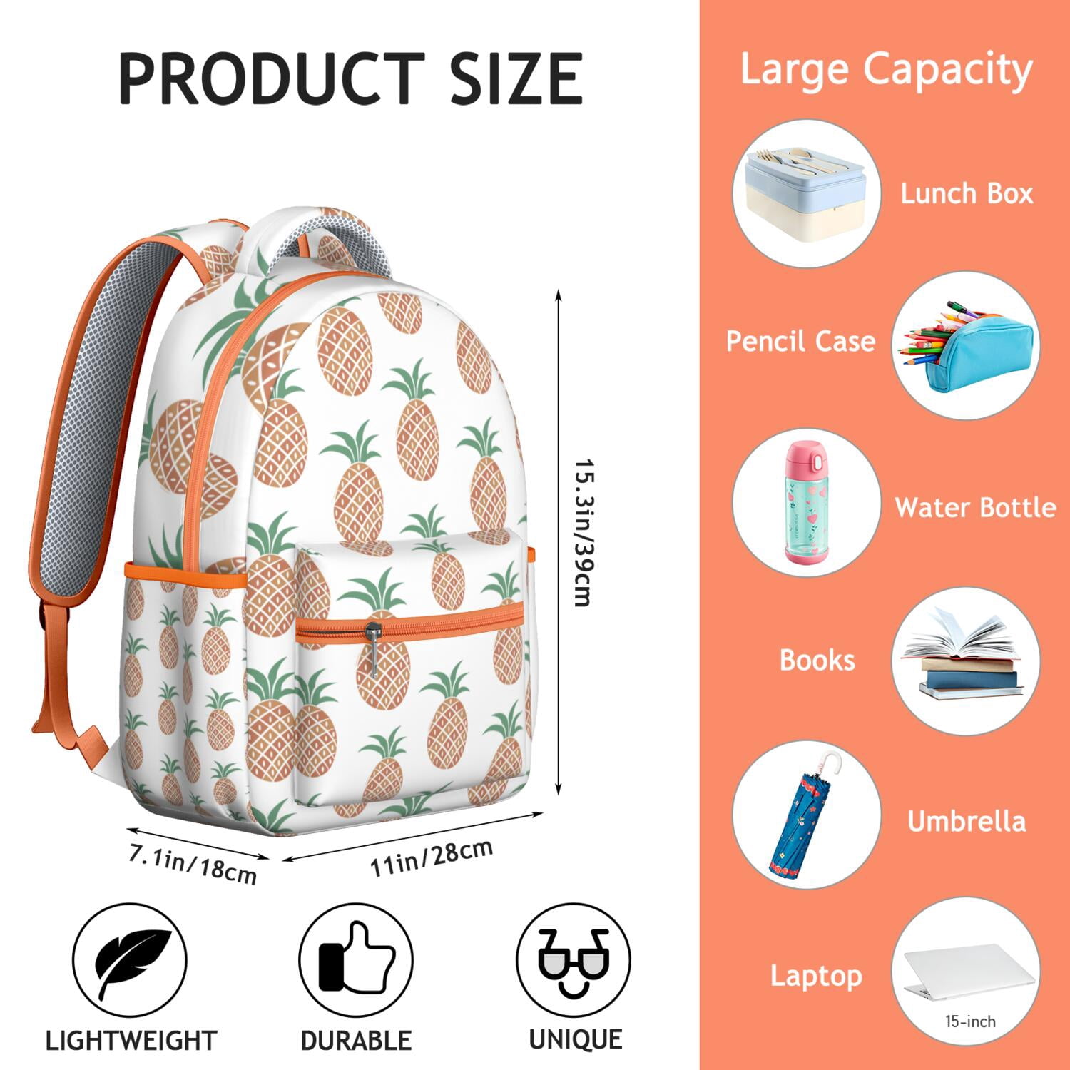 Pineapple Print College Backpack – Roomy & Durable for Books & Laptop, Cute Yet Professional, Great for Campus Life & Commuting, Fun Gift Idea