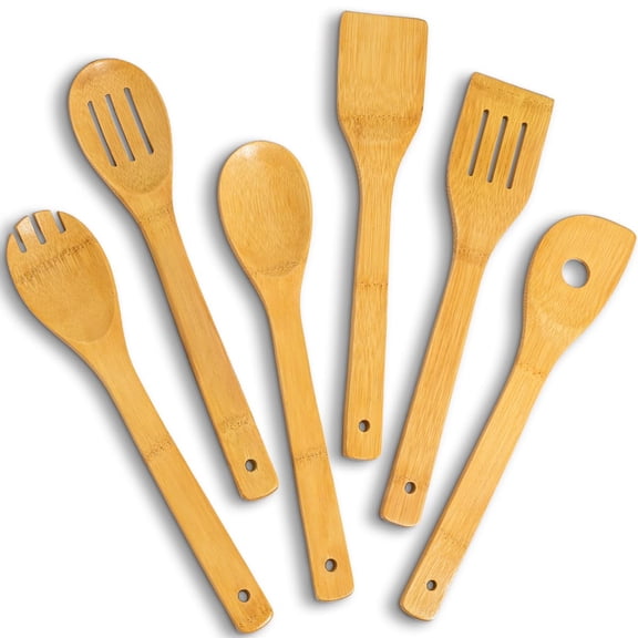 Bamboo Cooking Utensils Set 6 Pcs, 12 Inch Wooden Spoons and Spatulas for Non Stick Cookware, Essential Kitchen Tools for Sauteing Stir Frying and Salad Tossing, Brown