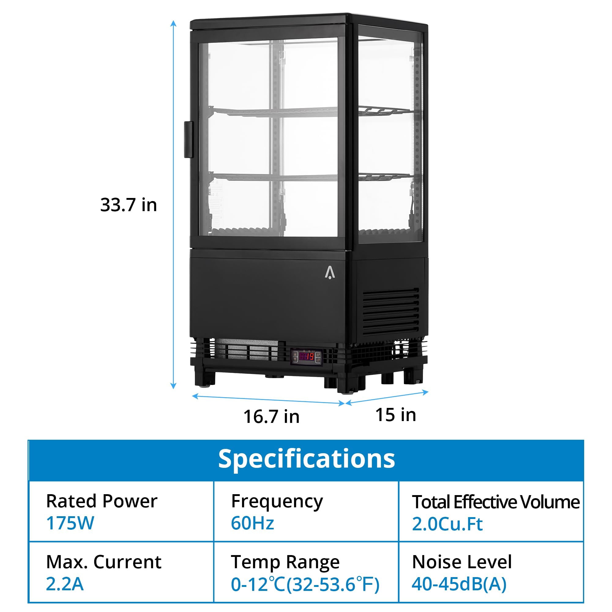 Commercial Display Refrigerator, 2.0 Cu. Ft. Countertop Pastry Refrigerated Display Case with Led Lighting, Air-Cooling, Frost-Free, Rear Sliding Door for Baked, Stores and Cafes Cakes