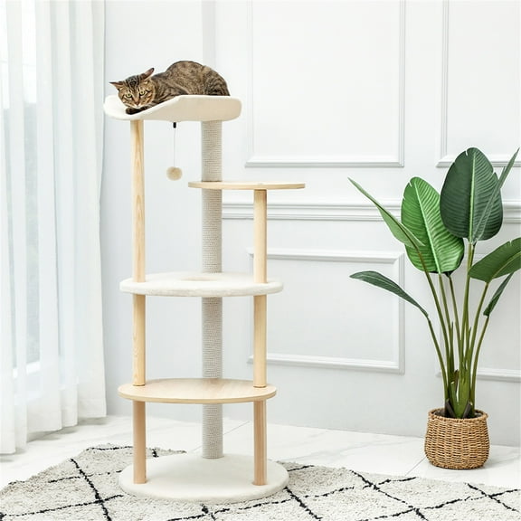 Pefilos Cat Tree Tower for Large Cats Cat Tree for Indoor Cats, Kitty Climbing Cat Scratching for Furniture with Scratching Post, Dangling Ball for Indoor Cats Upgraded, Beige