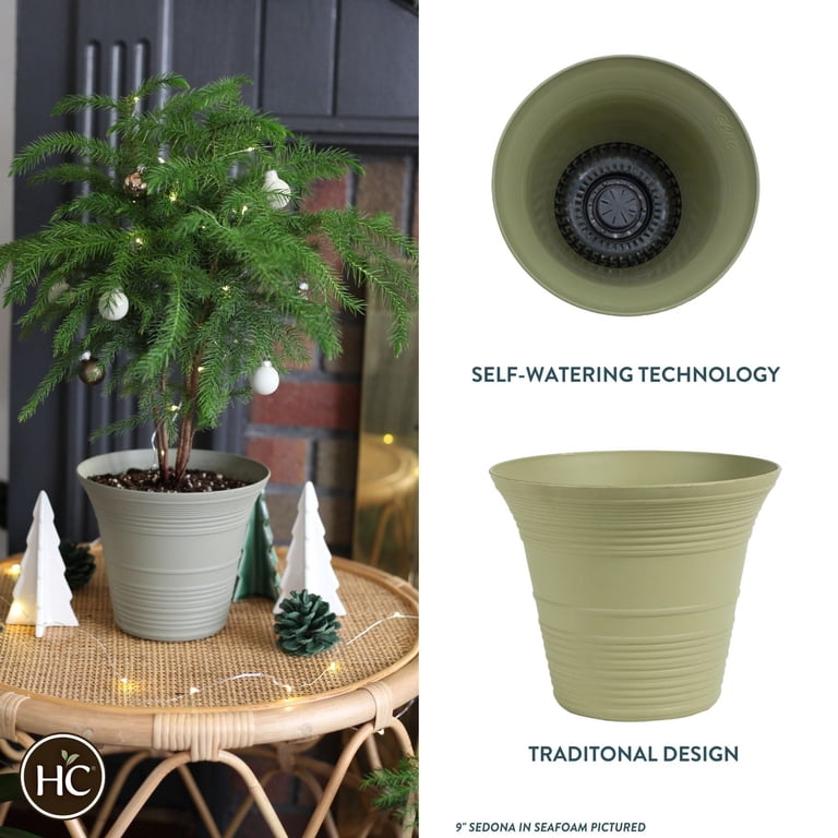 The HC Companies 9 Inch Sedona Round Self Watering Planter - Decorative Lightweight Plastic Plant Pot for Indoor Outdoor Plants Flowers Herbs, Seafoam
