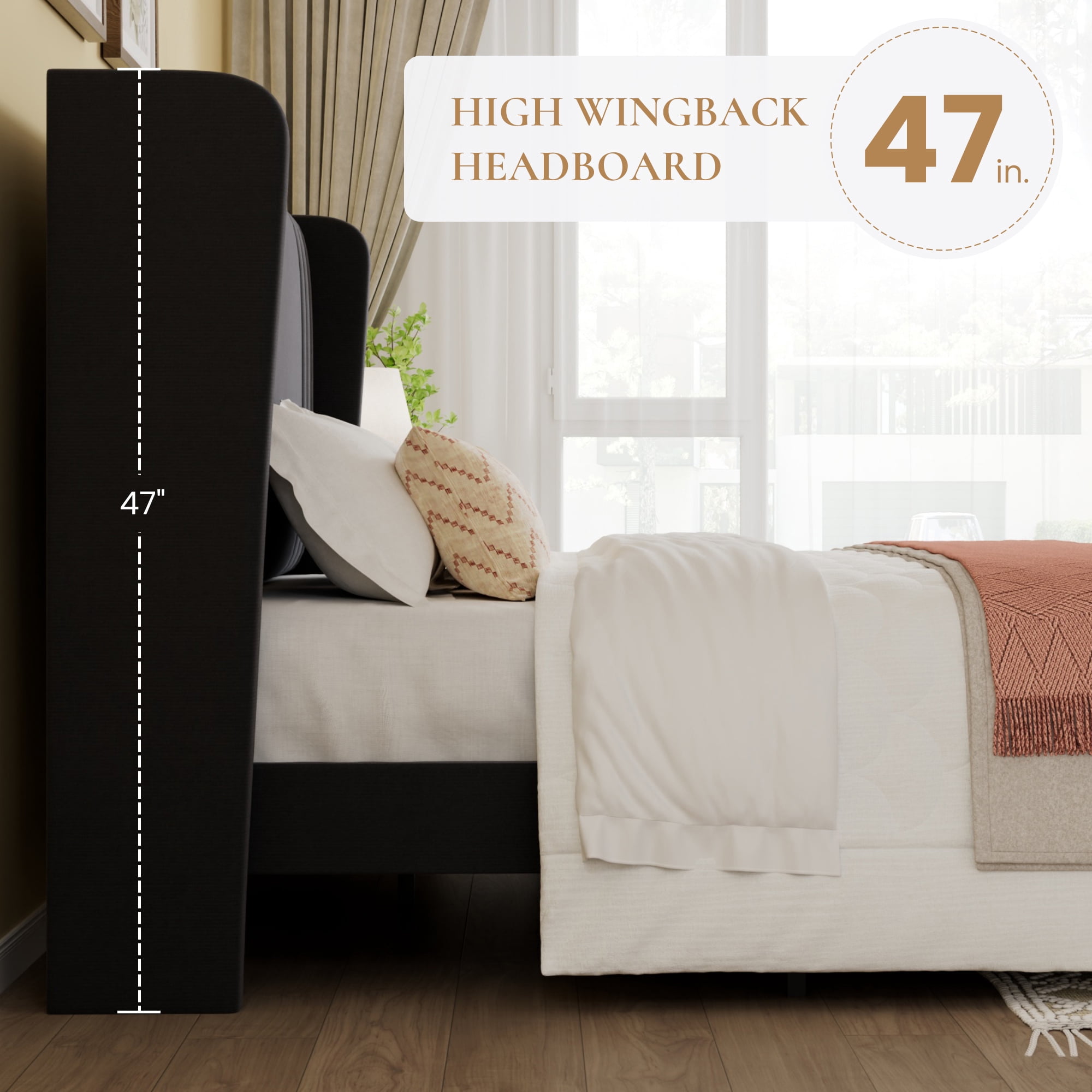SHA CERLIN Queen Size Velvet Upholstered Platform Bed Frame with Vertical Channel Tufted Wingback Headboard, Wooden Slats Support, Easy Assembly, Under Bed Storage, No Box Spring Required, Black