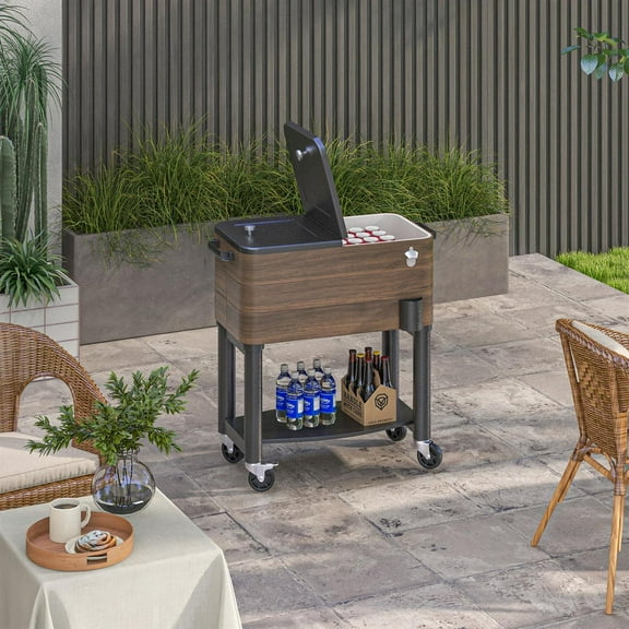 Demi Bonn 34" Rolling Outdoor Cooler Cart with Ice Chest, Bottom Shelf & Bottle Opener for Poolside and Backyard, Brown