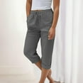 thumbnail image 2 of Women's Cotton Linen Capri Pants High Waisted Drawstring Casual Summer Pants with Pockets Roll Up Hem, 2 of 4