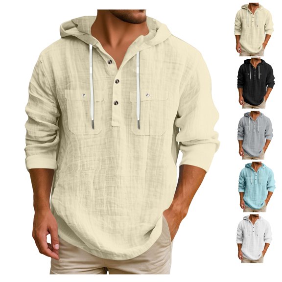 Hoodie Shirts for Men Lightweight Button 3/4 Sleeve Hooded Shirts Loose Fit Boho Linen Beach Shirt Summer Tops