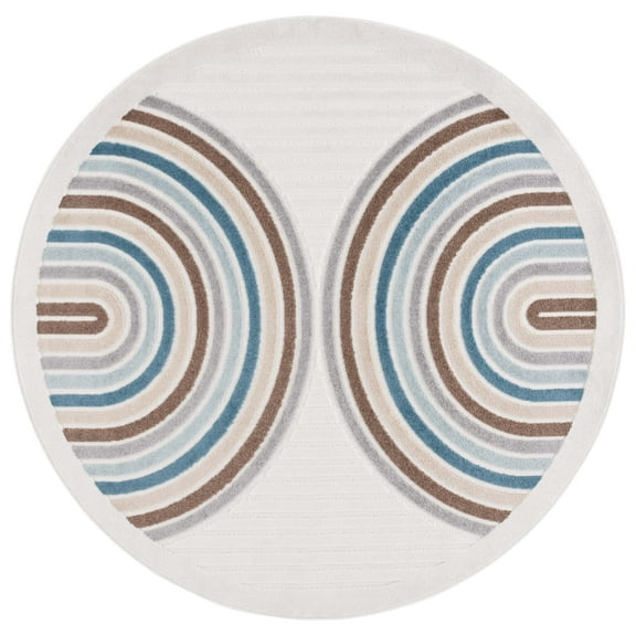 SAFAVIEH Stella Issam Geometric Indoor/Outdoor Area Rug, Ivory/Brown Blue, 6'7" x 6'7" Round