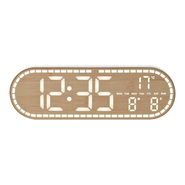 Digital Wall Clock with Date & Temperature, Full Screen LED Display, Adjustable Brightness, Wood Grain Finish, 9.85x3.15x1.06 Inch