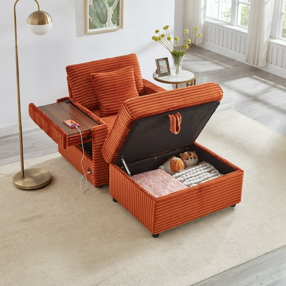 Fluffy Corduroy Lazy Sofa,Single Chair,Indoor Charging Sofa with USB Port,Cozy Chaise with Cup Holder,Oversized Multifunctional Storage Ottoman,Table Board,for Chailiving Room,Orange