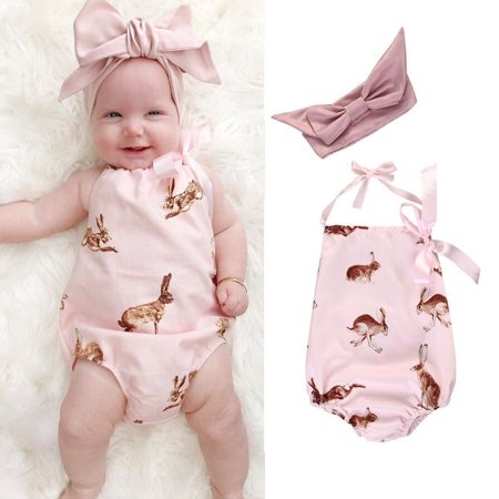 

Newborn Toddler Baby Girls Clothes Pink Rabbit Romper Bodysuit Outfits Headband 0-18Months