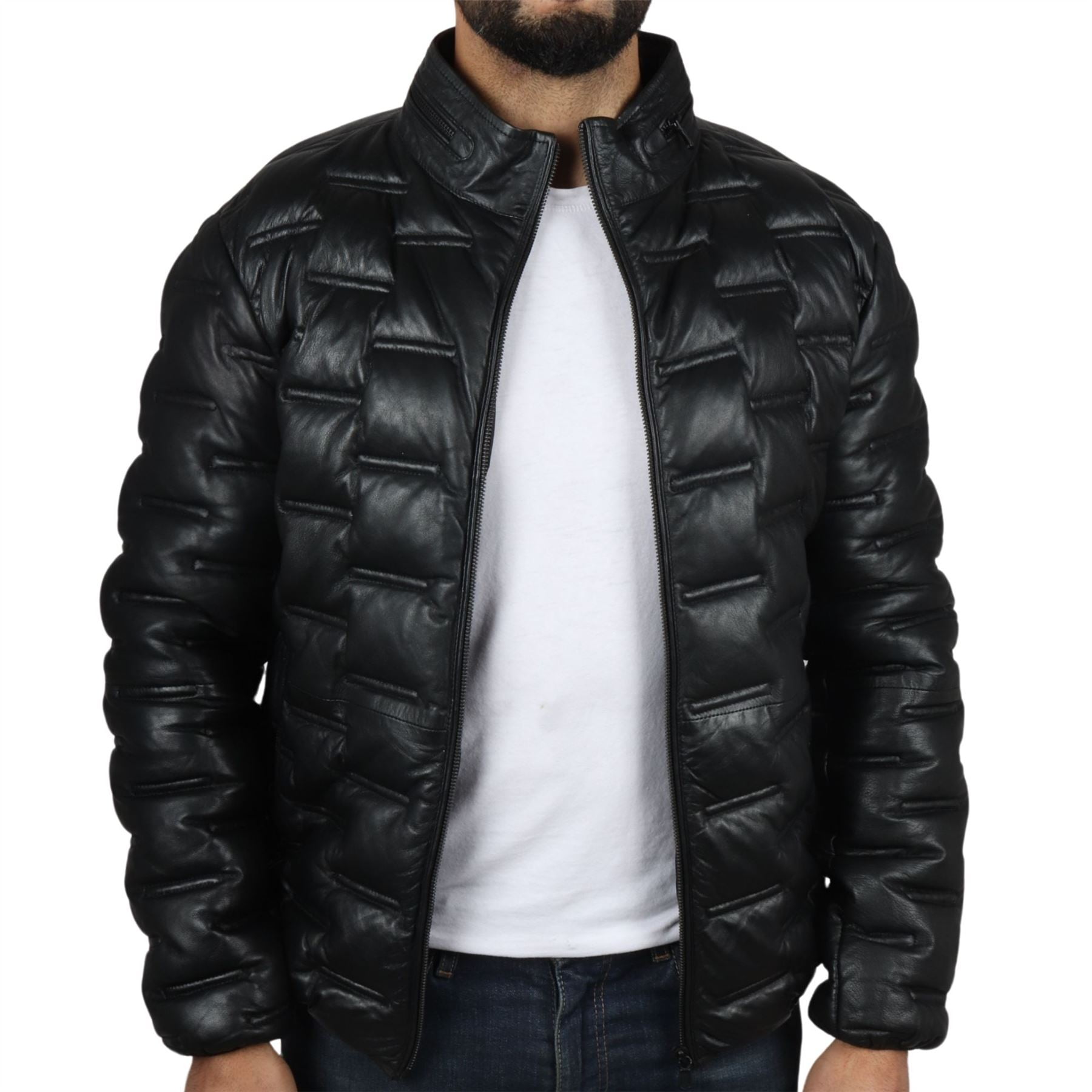 【BAON】Reviews Leather Padded Jacket Men's Puffer Quilted Real Leather Waist Length Jacket