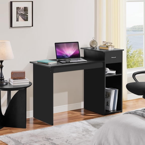 Home Office Modern Desk and Chair Set Computer Desk w/Drawer & Shelves with Ergonomic Mesh Height Adjustable Office Chair