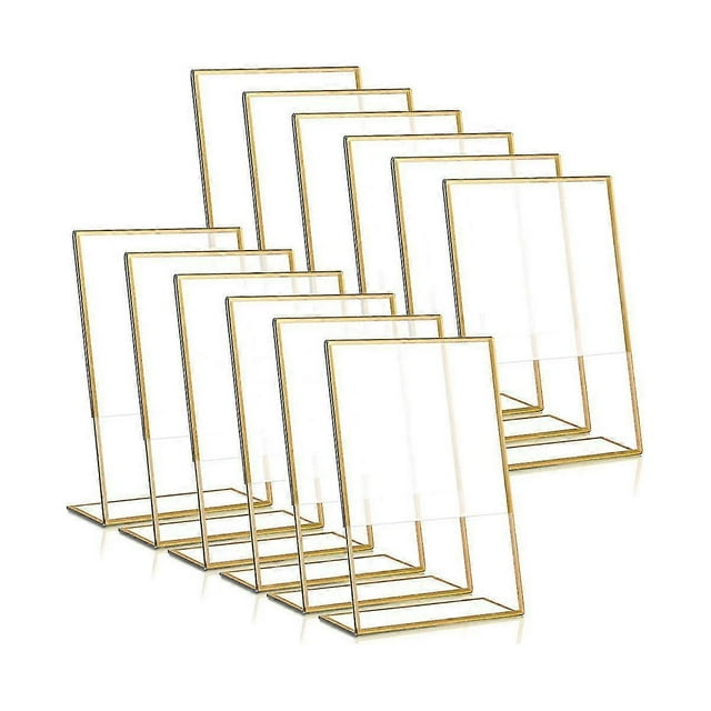 12PCS Gold Frame Acrylic Sign Holder Wedding Table Number Holder Slanted Menu Double Sided Stand, 4X6Inch Vertical