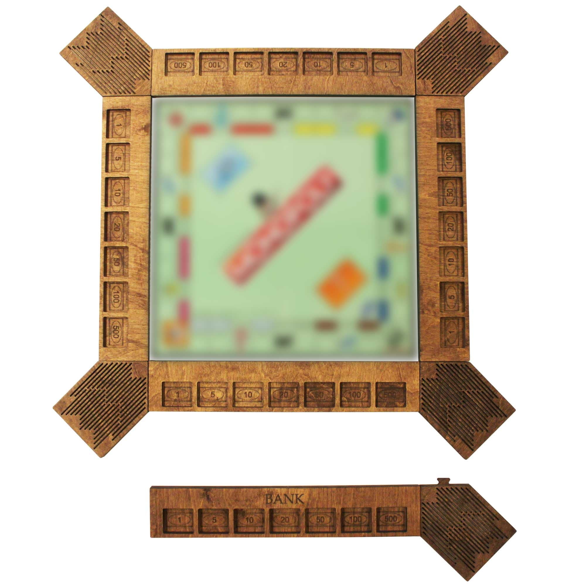 Custom Board Game Frame Personalized Game Board Organizer Compatible with Monopoly Board Game and Monopoly Game Pieces | Economic Themed Game Organizer | Complete Set | Red Oak