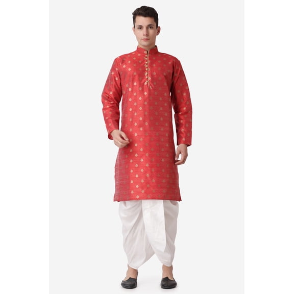 Royal Kurta Jacquard Silk Printed Maroon Kurta White Dhoti Set for Men