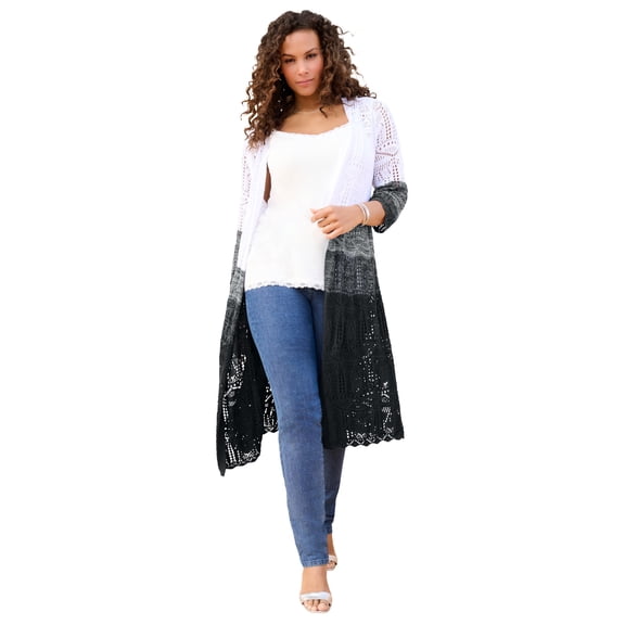 Roaman's Women's Plus Size Knee-Length Pointelle Cardigan