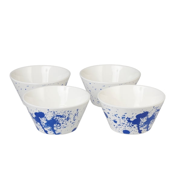 Servappetit Set of 4, Ceramic Bowls, 23 oz, White with a Splash of Blue, Great for Pasta, Cereal, Rice, Ice Cream or any of your favorites