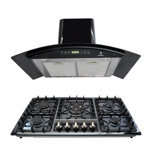 Combo Parrilla Empotrable y Campana de Pared SUPRA Cristal Templado Negro 5 Quemadores