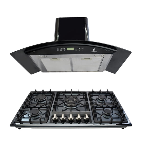 Combo Parrilla Empotrable y Campana de Pared SUPRA Cristal Templado Negro 5 Quemadores