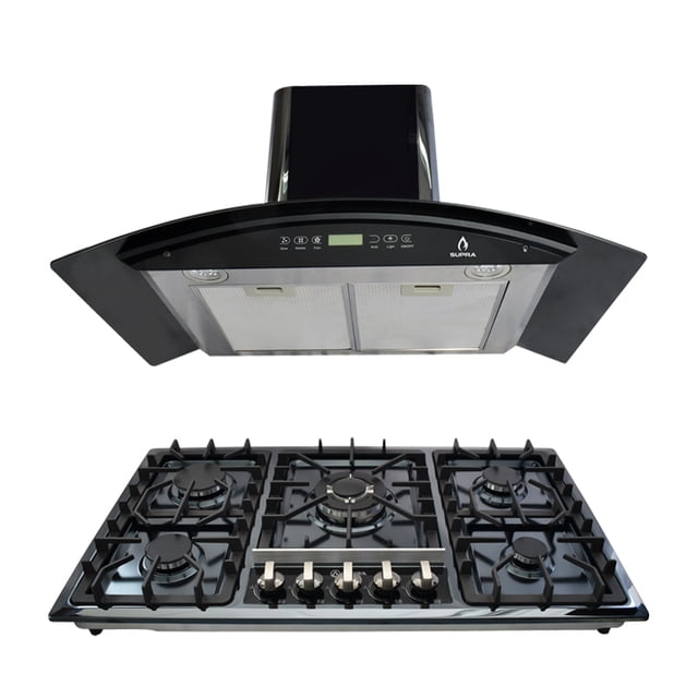 Combo Parrilla Empotrable y Campana de Pared SUPRA Cristal Templado Negro 5 Quemadores