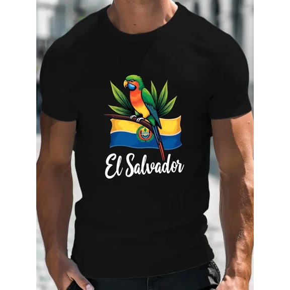 Men's Casual Crew Neck Short Sleeve T-Shirt - El Salvador Flag & Parrot Design, Black Polyester Summer Tee for Adults