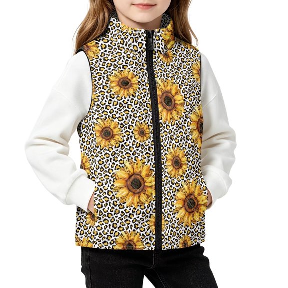 FKELYI Girls Quilted Vest Sunflower Leopard Print, 2Y, Sleeveless Jacket with Pockets, Full Zipper, Stand Collar, Warm Vest, Quilted Outwear Coat for 2-12 Y
