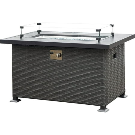 43-inch Gas Fire Pit Table, Outdoor Propane Fire Pit with Wicker Design and Aluminum Tabletop, ETL Certified, Includes Cover Lid