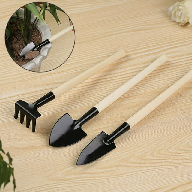 Lefu 3 Pcs/Ensemble Mini Outils de Jardin Pelle Râteau Pelle Manche en Bois Tête en Métal Enfants