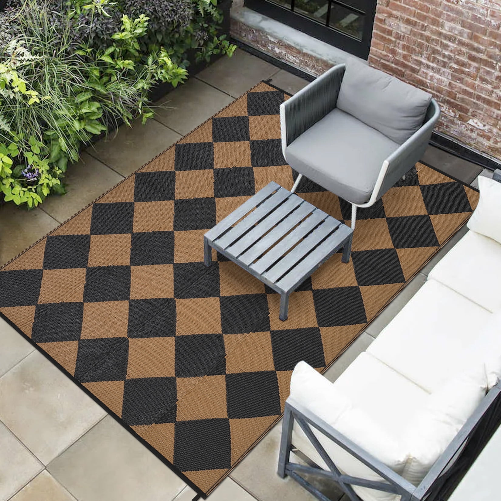 HOMERRY Geometric Plaid Outdoor Rug Straw Plastic Area Rug for Balcony Pool RV Waterproof Reversible Carpet, Brown/Black, 9'x 18'