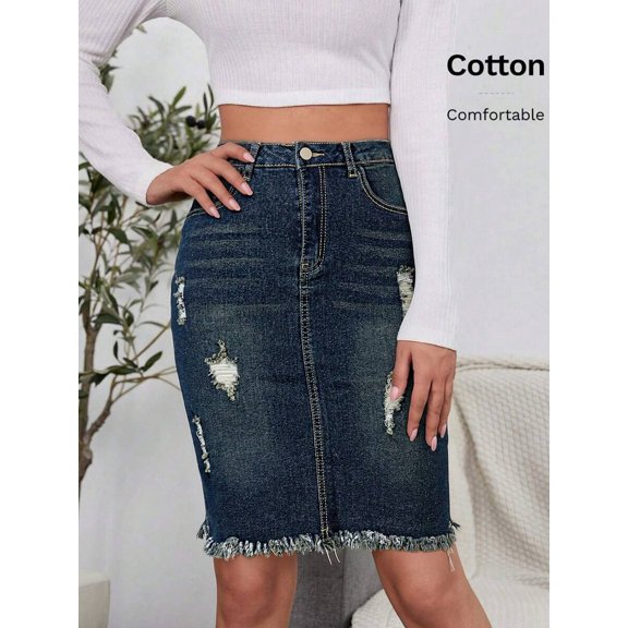 Blue High Waist Ripped Denim Midi Skirt With Fringe Hem