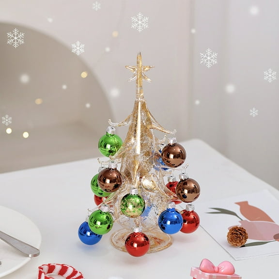 Glass Christmas Tree Tabletop Ornament with Xmas Balls, Christmas Tree Shaped Desktop Ornaments, Multicolor Vintage Mini Glass Christmas Tree, Xmas Presents