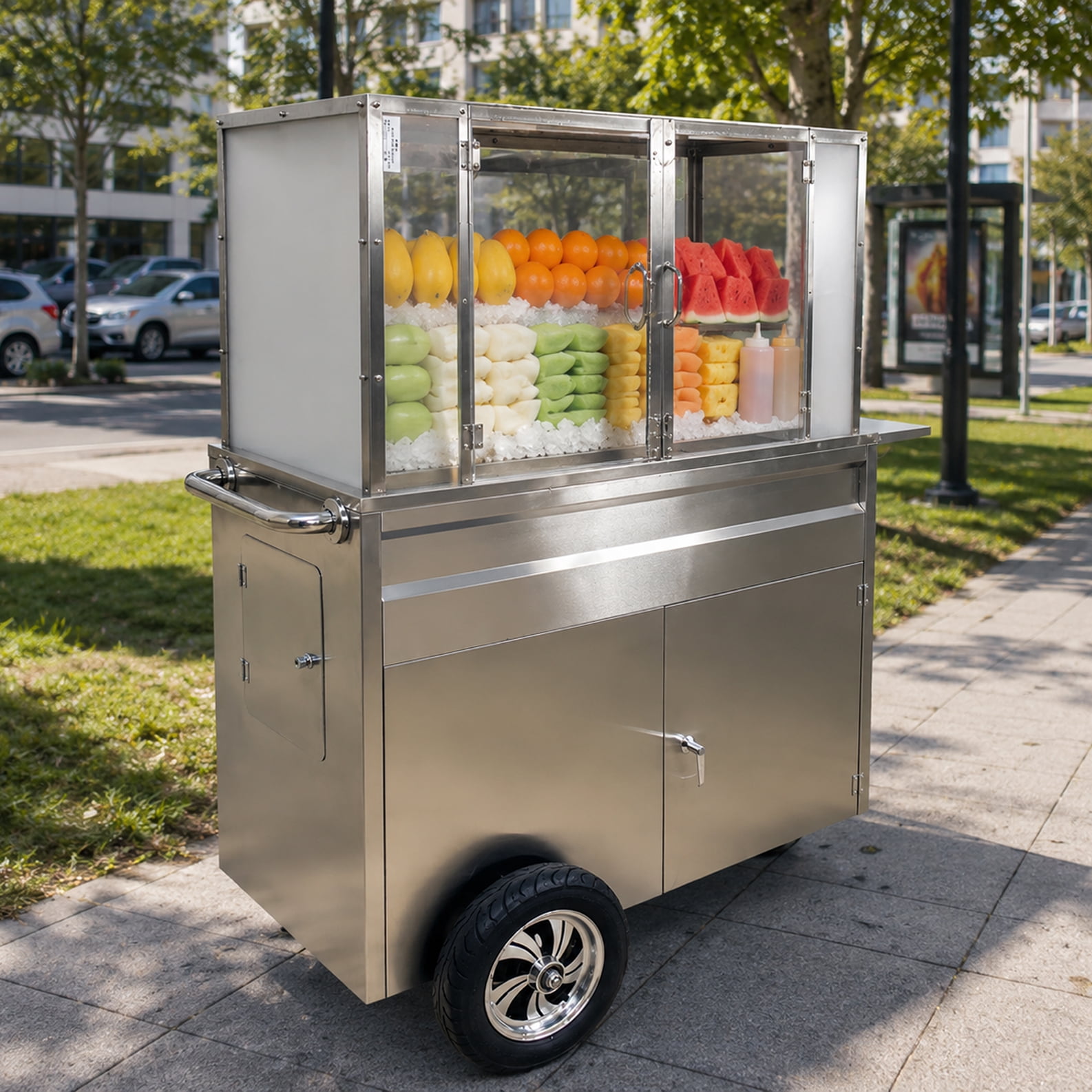 44" Commercial Street Vendor Fruit Cart Carro De Fruta Concession Stand with Ice Bin Storage Stainless Steel Display