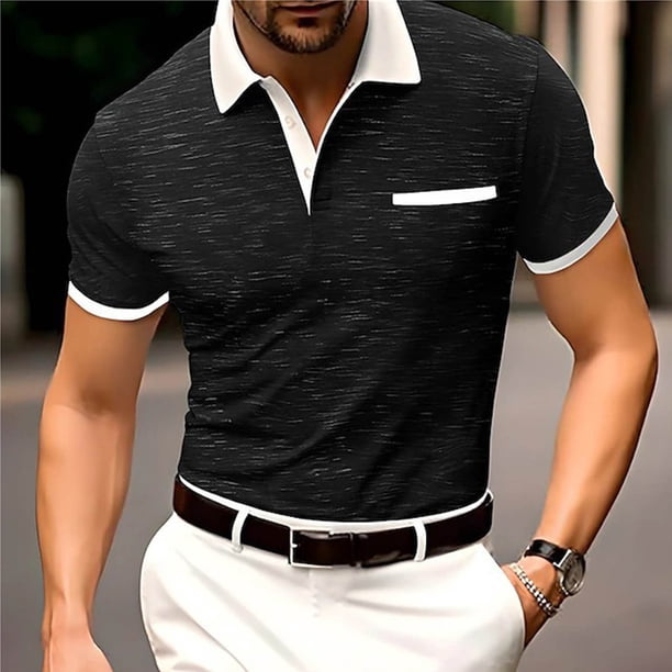 Blusa y camisa de manga corta con cuello vuelto para hombre, moda a rayas, botones, versátil, blusa de manga corta con cuello vuelto, abrigo de poliéster para hombre