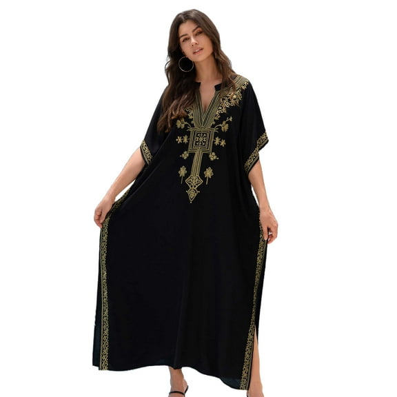 2024 Boho Gold Embroidery Printed Batwing Sleeve Kaftan Dress For Women Sexy V Neck Beachwear Vacation Swimsuit Cover-ups