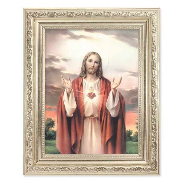 Sacred Heart of Jesus Picture Framed Wall Art Decor, Medium, Antique
