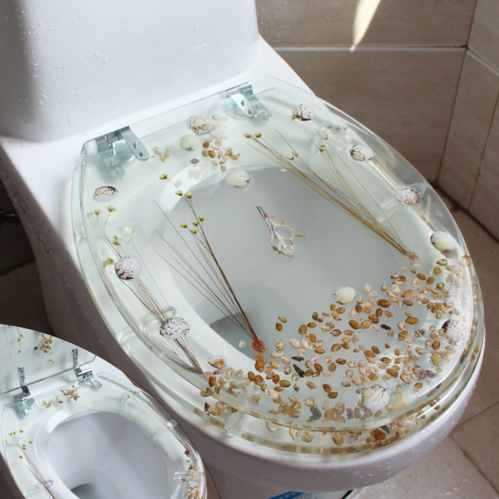 TOOL1SHOoo Toilet Seat Sea Shell Resin Silent Close Toilet Hinges Bathroom Deco  with Seashells Cover U/V Shape Elongated Toilet Seats Bathroom Decor Easy Clean and Install 16.5 Inch