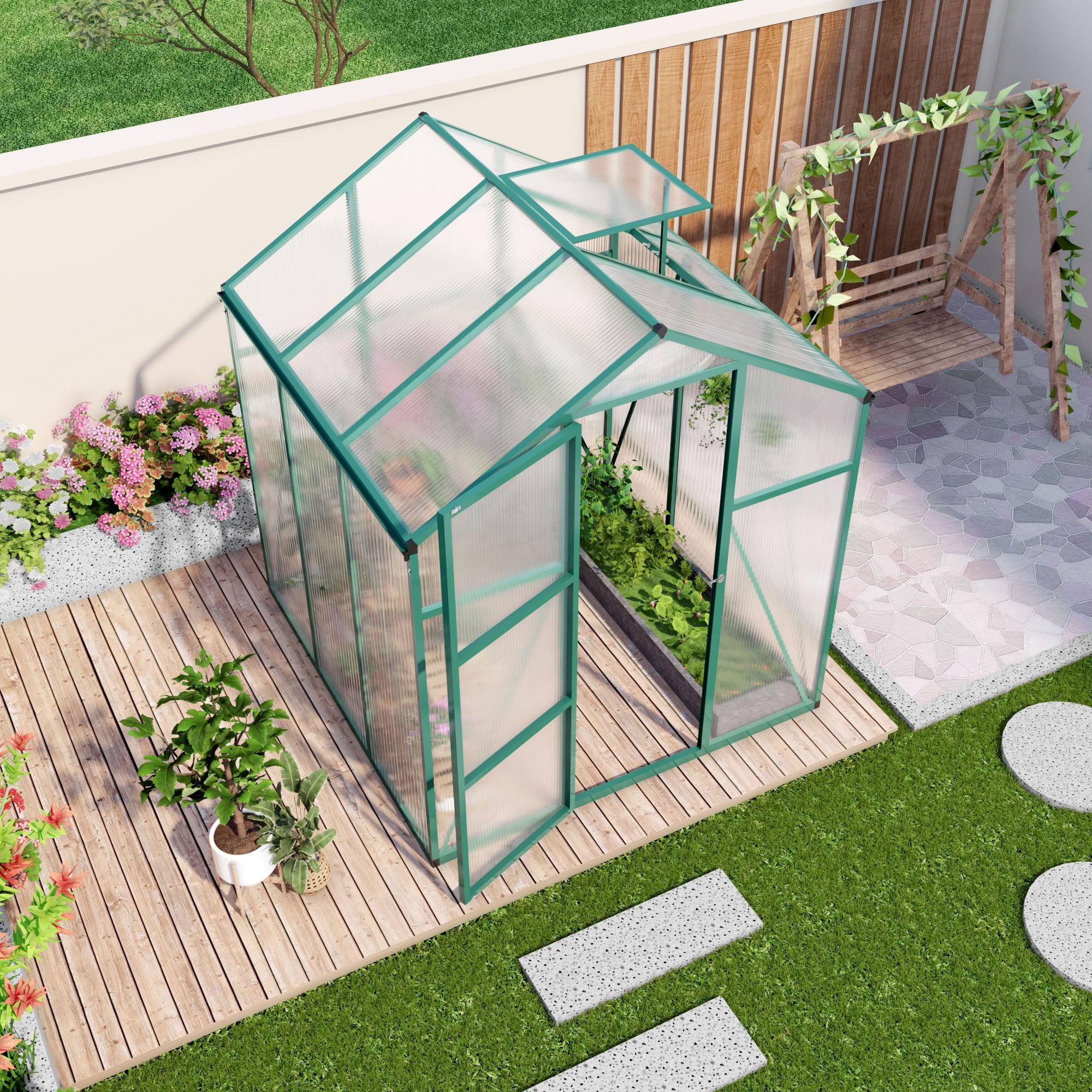 MAYEERTY 6x6 FT Walk-in Greenhouse with Raised Base, Aluminum Frame & Polycarbonate Panels, All-Season Outdoor Greenhouse
