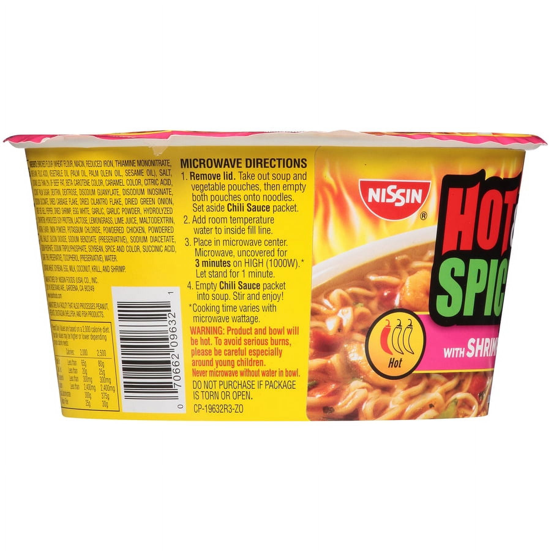 (6 pack) Nissin Foods Hot & Spicy Ramen Noodle Soup, Shrimp Flavor, 3.27 oz Bowl, Shelf-Stable