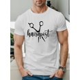 thumbnail image 1 of Camiseta informal de cuello redondo para hombre con diseño geométrico de tijeras de peluquería, 100 % algodón, ligeramente elástica, corte regular, top de verano (150 g/m²), camiseta deportiva de ocio, 1 of 5