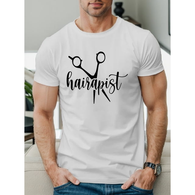 Camiseta informal de cuello redondo para hombre con diseño geométrico de tijeras de peluquería, 100 % algodón, ligeramente elástica, corte regular, top de verano (150 g/m²), camiseta deportiva de ocio