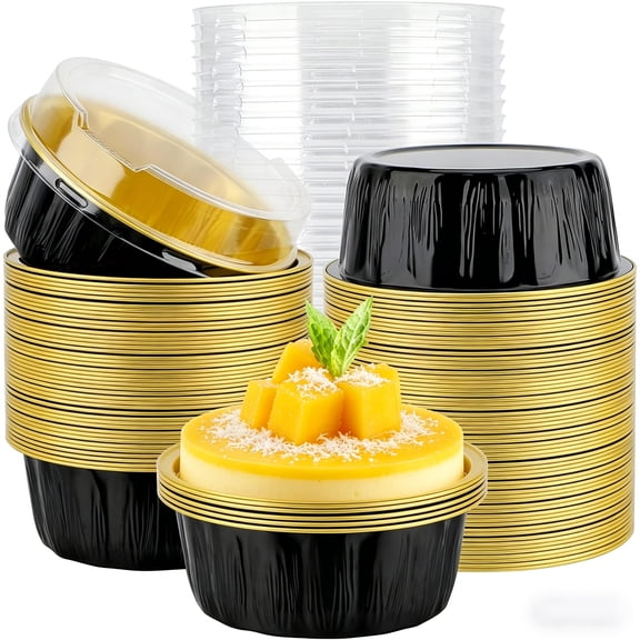Tutuviw Baking Cups with Lids 30 Pcs Muffin Cupcake Liners Aluminum Foil Mini Cake Pans 5OZ Disposable Ramekins Flan Containers for Christmas Birthday Various Holiday (Black Gold)