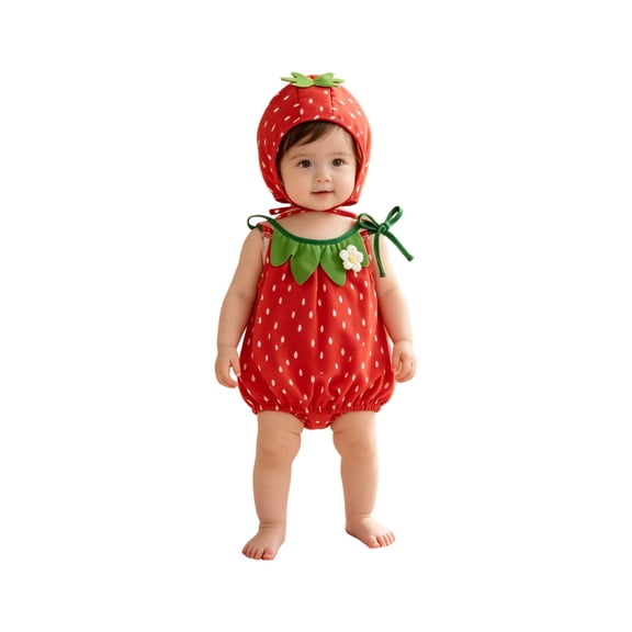 MEZZALL Baby Cute Girls Strawberry Romper with Hat Sleeveless Strawberry Outfit for Halloween Party Photo Relaxed Fit Clothes Sets