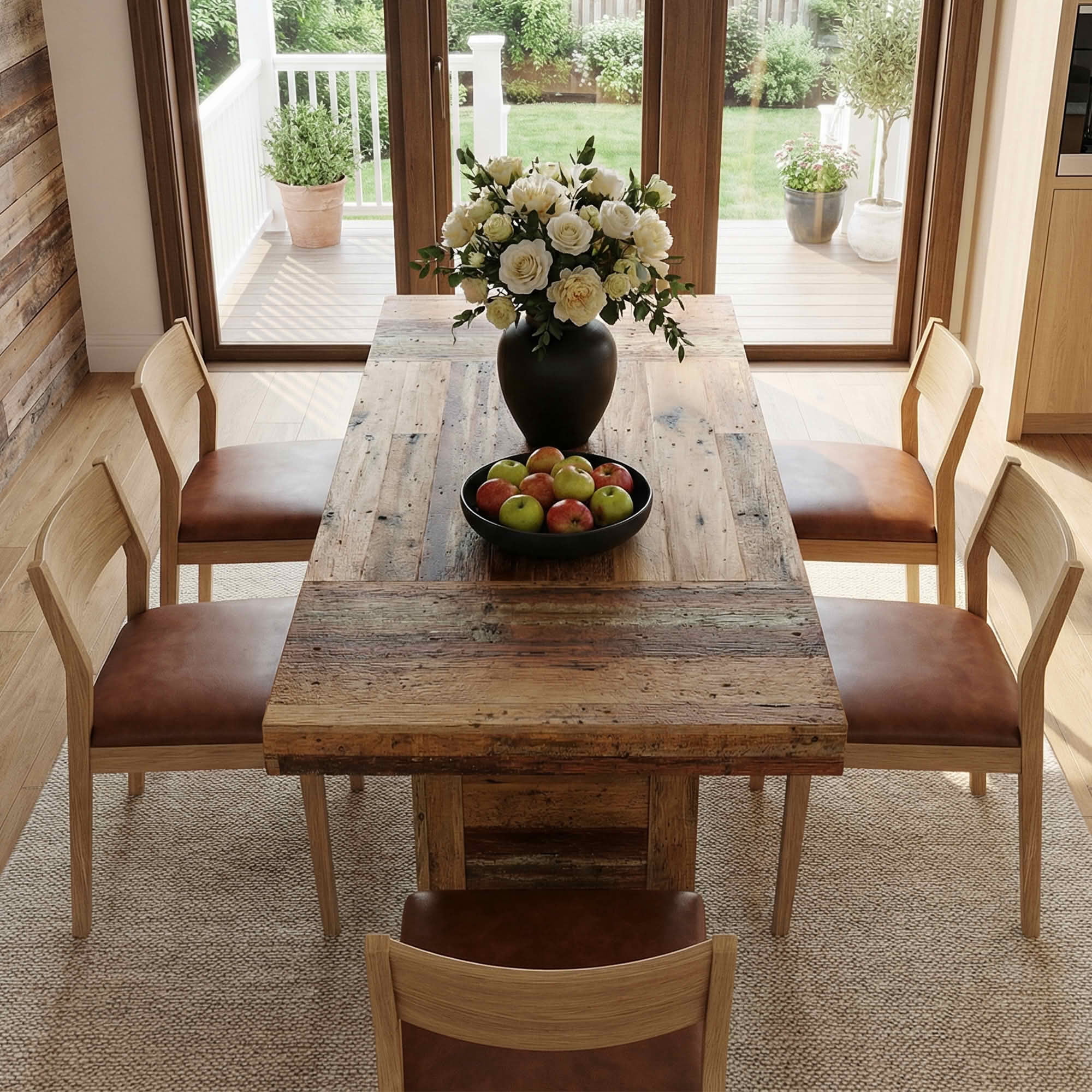 MAYEERTY 63 Inch Rectangular Farmhouse Dining Table, Patchwork Wood Grain Kitchen Dinner Table with Slatted Wide Legs for 6 People