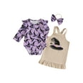 thumbnail image 1 of SUNSIOM Baby Girl Halloween Outfit Flying Sleeve Romper with Ghost Pattern Ruffled Overall Dress and Bow Headband 3 Pcs Set, 1 of 6