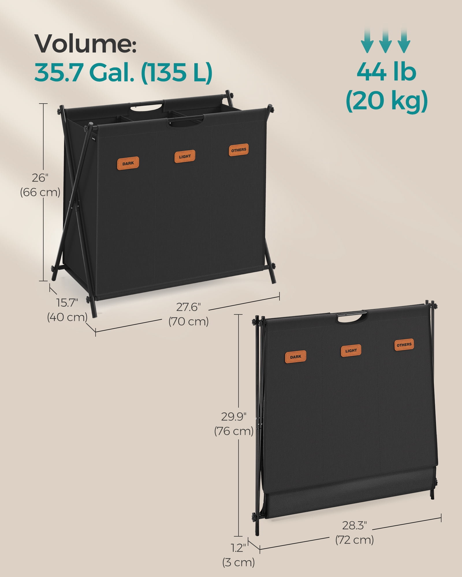 Generic 135L Laundry Hamper, 3 Sections, Collapsible X-Frame