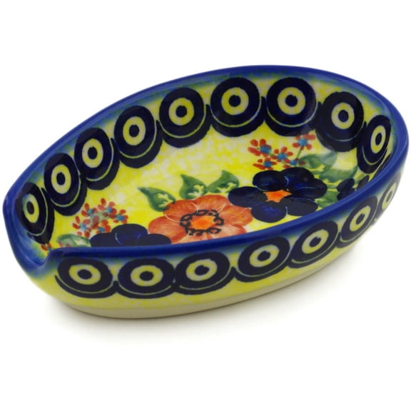 Polish Pottery 5-inch Spoon Rest (Neon Poppies Theme) Hand Painted in Boleslawiec, Poland   Certificate of Authenticity