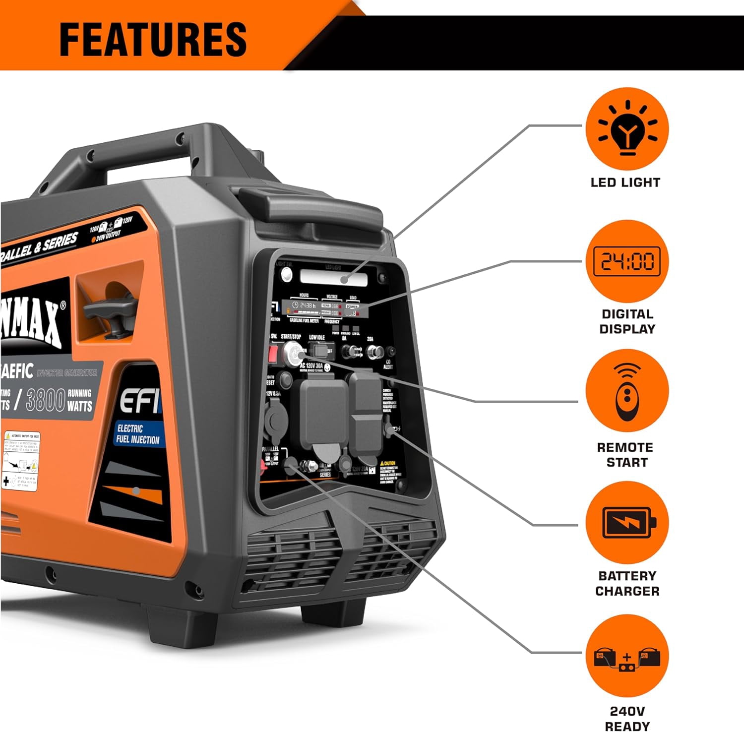 GENMAX EFI Inverter Generator, 4600W ultra-quiet 159cc engine with Parallel and Series Capability, Electric & Remote Start with CO Alert and LED light digital display,EPA &CARB Compliant