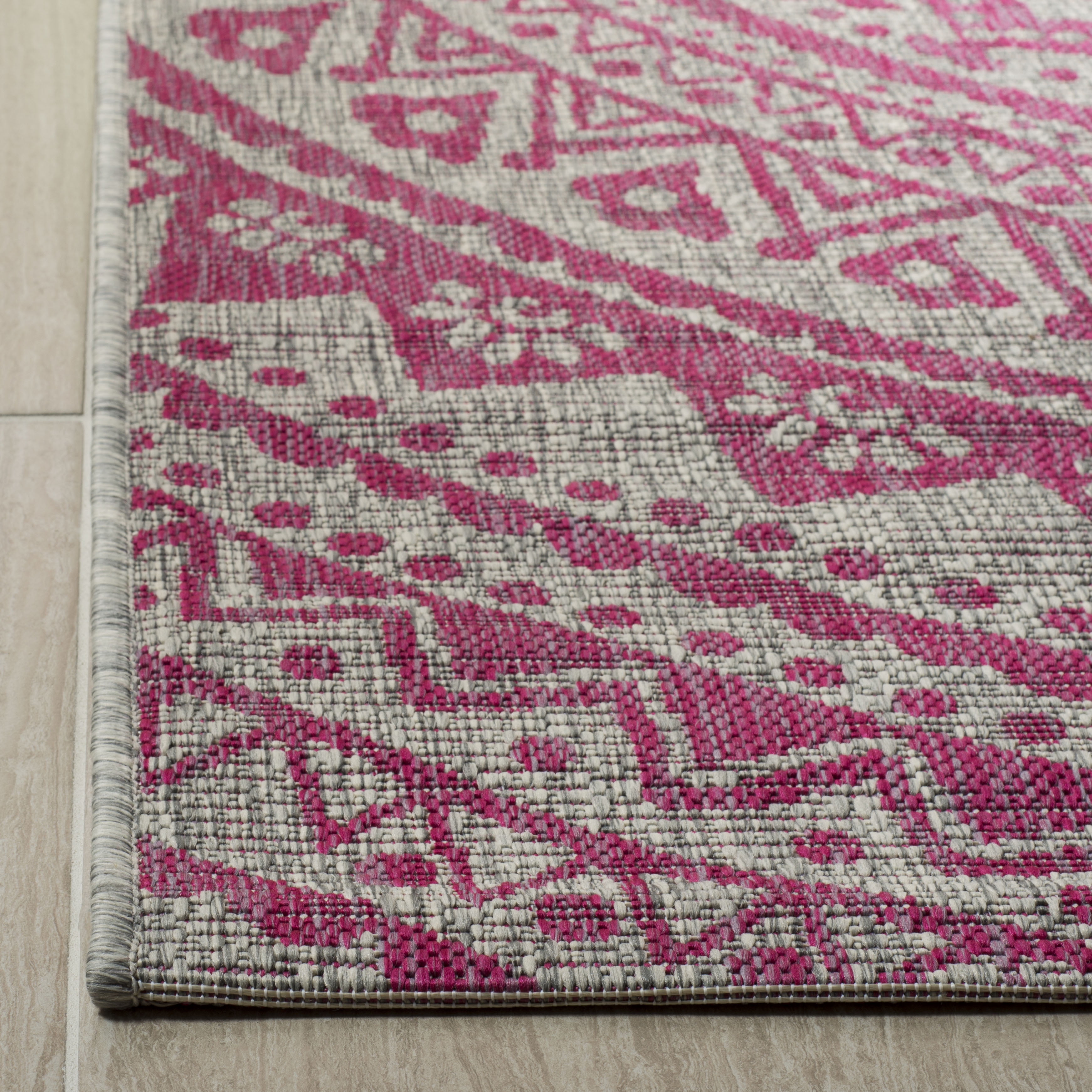 SAFAVIEH Courtyard Josiah Floral Medallion Indoor/Outdoor Area Rug, 6'7" x 6'7" Square, Light Grey/Fuchsia