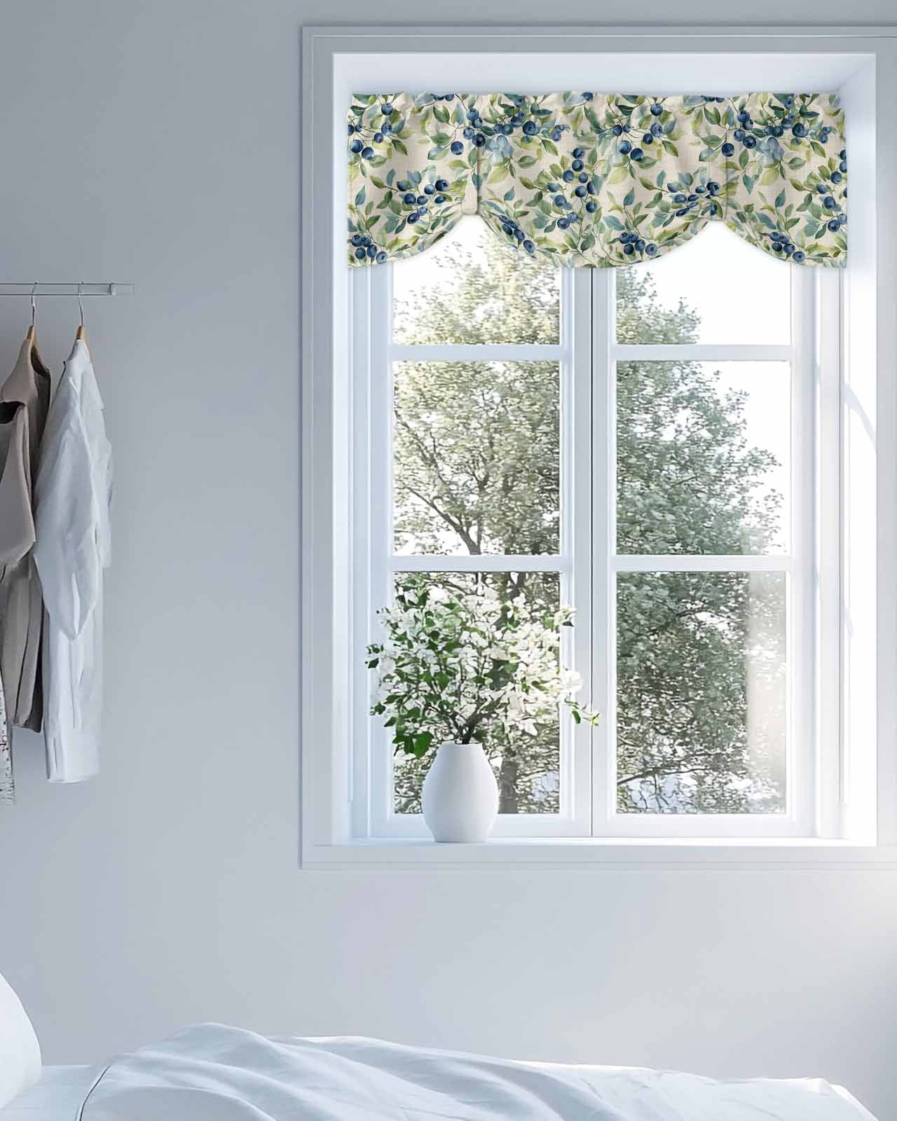 Blue Blueberry Tie Up Valances Curtain, Adjustable Kitchen Green Leaf Pastoral Plant Vintage Linen Valances for Windows Decor, Rod Pocket Short Curtains Set for Bedroom/Bathroom, 54"x18"